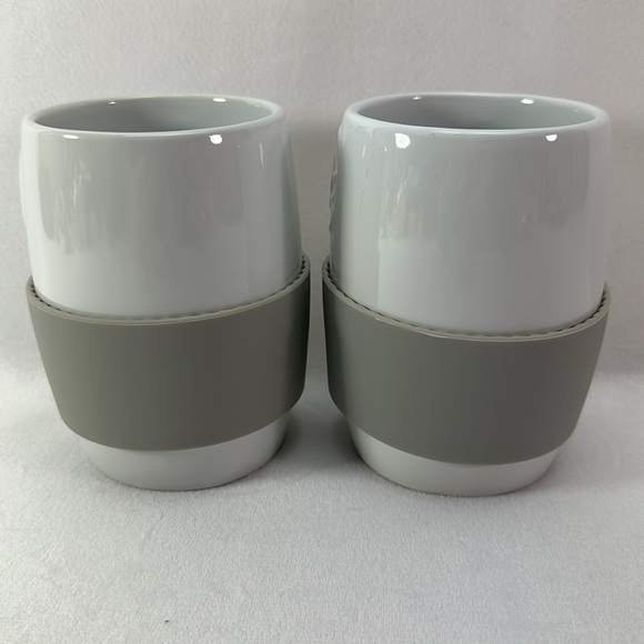 Pampered Chef White Ceramic Mugs with Gray Silicone Grip - Set of 2 - Picture 2 of 5